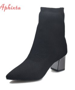 Aphixta Black 6cm Metal Square Heels Cotton Socks Boots Women Stretch Fabric Pointed Toe Shoes Ankle Boots For Woman Boats