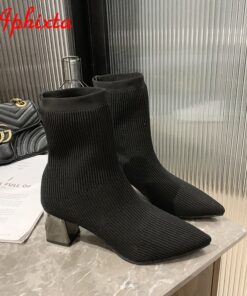 Aphixta Black 6cm Metal Square Heels Cotton Socks Boots Women Stretch Fabric Pointed Toe Shoes Ankle Boots For Woman Boats