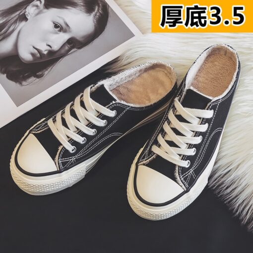 Half slipper canvas shoes women's shoes new autumn / winter 2020 no heel Plush loafer shoes with thick soles Family casual shoes